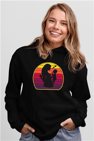 Anneler Günü Baskılı Unisex Siyah Hoodie