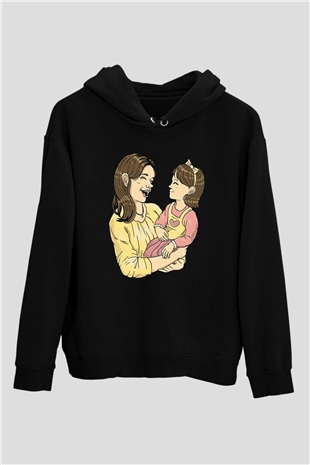 Anneler Günü Baskılı Unisex Siyah Hoodie