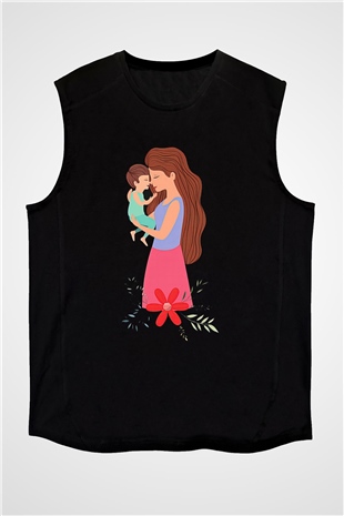 Anneler Günü Baskılı Unisex Siyah Kolsuz Tişört - Tshirt