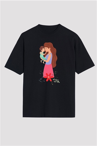 Anneler Günü Baskılı Unisex Siyah Oversize Tişört - Tshirt