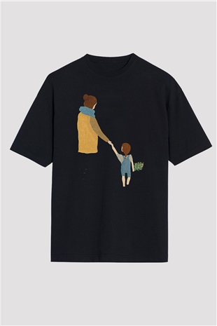 Anneler Günü Baskılı Unisex Siyah Oversize Tişört - Tshirt