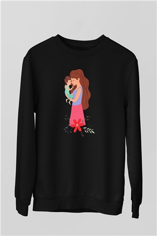 Anneler Günü Baskılı Unisex Siyah Sweatshirt