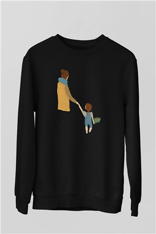 Anneler Günü Baskılı Unisex Siyah Sweatshirt
