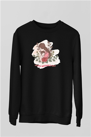 Anneler Günü Baskılı Unisex Siyah Sweatshirt