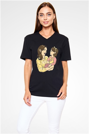 Anneler Günü Baskılı Unisex Siyah V Yaka Tişört - Tshirt