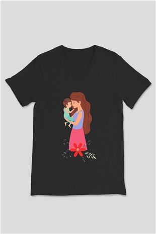 Anneler Günü Baskılı Unisex Siyah V Yaka Tişört - Tshirt