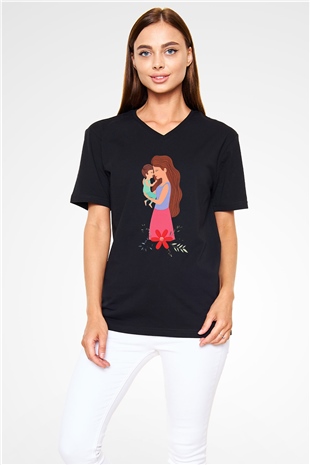 Anneler Günü Baskılı Unisex Siyah V Yaka Tişört - Tshirt