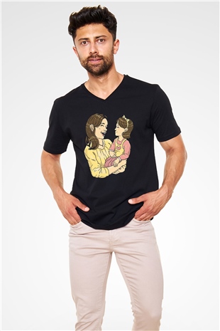 Anneler Günü Baskılı Unisex Siyah V Yaka Tişört - Tshirt
