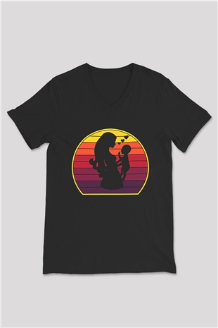 Anneler Günü Baskılı Unisex Siyah V Yaka Tişört - Tshirt