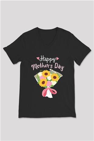 Anneler Günü Baskılı Unisex Siyah V Yaka Tişört - Tshirt