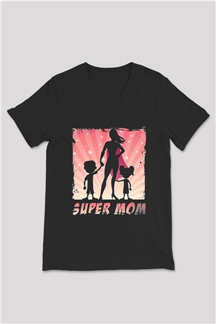 Anneler Günü Baskılı Unisex Siyah V Yaka Tişört - Tshirt