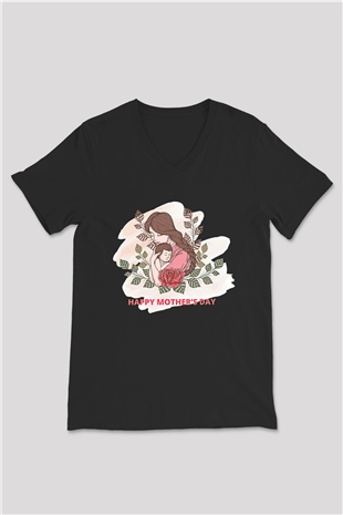 Anneler Günü Baskılı Unisex Siyah V Yaka Tişört - Tshirt