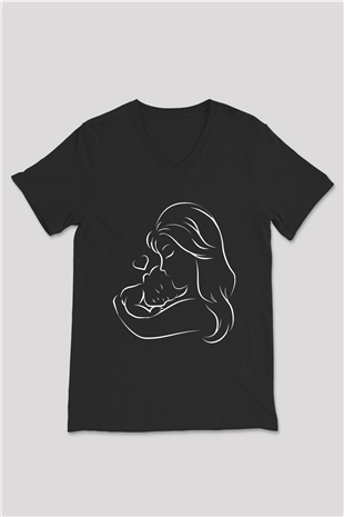 Anneler Günü Baskılı Unisex Siyah V Yaka Tişört - Tshirt