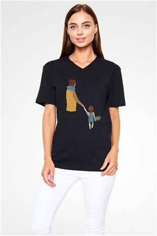 Anneler Günü Baskılı Unisex Siyah V Yaka Tişört - Tshirt