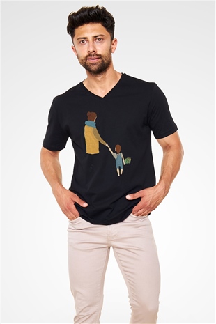 Anneler Günü Baskılı Unisex Siyah V Yaka Tişört - Tshirt
