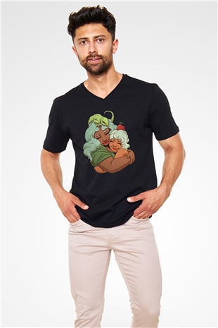 Anneler Günü Baskılı Unisex Siyah V Yaka Tişört - Tshirt