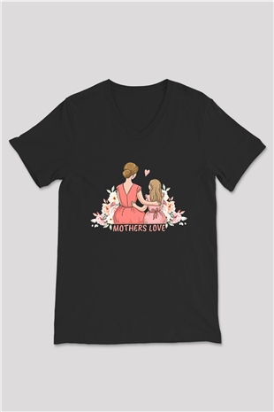 Anneler Günü Baskılı Unisex Siyah V Yaka Tişört - Tshirt