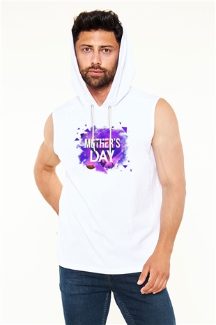Anneler Günü Beyaz Unisex Kapüşonlu Kolsuz Tişört