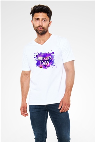 Anneler Günü Beyaz Unisex V Yaka Tişört T-Shirt