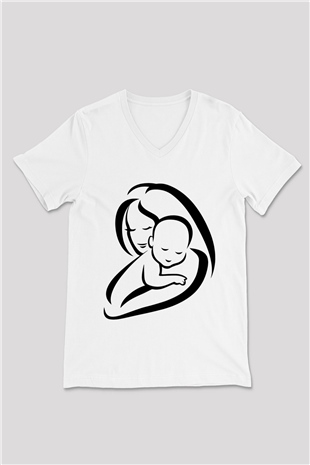 Anneler Günü Beyaz Unisex V Yaka Tişört T-Shirt