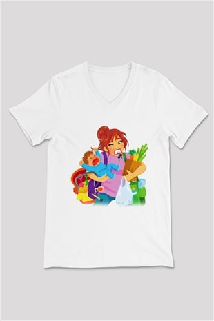 Anneler Günü Beyaz Unisex V Yaka Tişört T-Shirt
