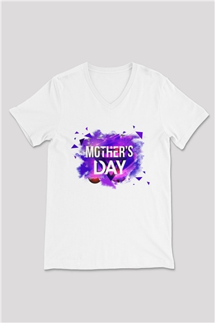 Anneler Günü Beyaz Unisex V Yaka Tişört T-Shirt