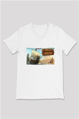 Anno 1404 Beyaz Unisex V Yaka Tişört