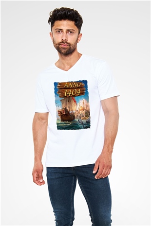 Anno 1404 Beyaz Unisex V Yaka Tişört