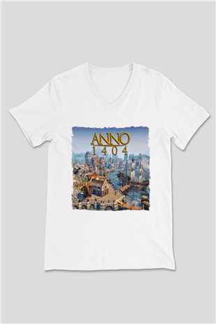 Anno 1404 Beyaz Unisex V Yaka Tişört