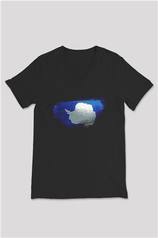 Antartika - Antarctica Bayrağı Baskılı Unisex Siyah V Yaka Tişört