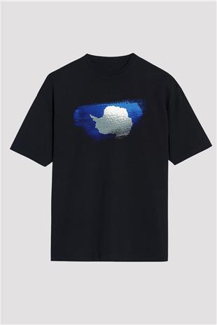 Antartika - Antarctica Bayrağı Baskılı Unisex Siyah Oversize Tişört