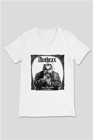 Anthrax Beyaz Unisex V Yaka Tişört T-Shirt