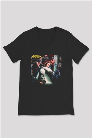 Anthrax Siyah Unisex V Yaka Tişört T-Shirt