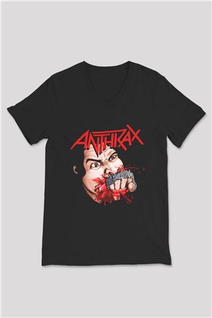 Anthrax Siyah Unisex V Yaka Tişört T-Shirt