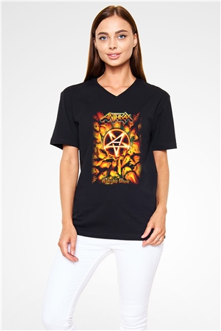 Anthrax Siyah Unisex V Yaka Tişört T-Shirt