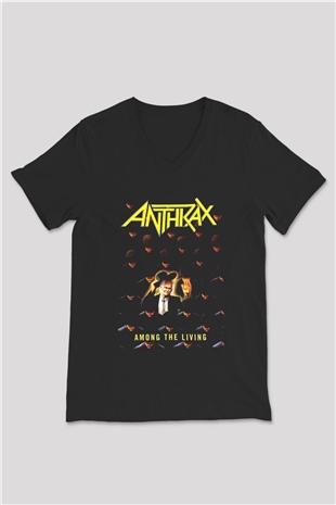 Anthrax Siyah Unisex V Yaka Tişört T-Shirt