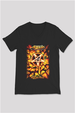 Anthrax Siyah Unisex V Yaka Tişört T-Shirt