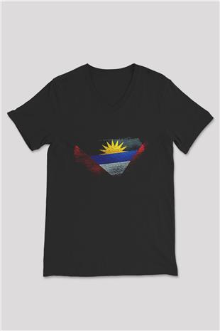 Antigua Barbuda Bayrağı Baskılı Unisex Siyah V Yaka Tişört
