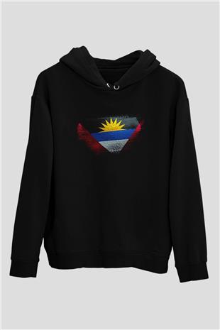 Antigua Barbuda Bayrağı Baskılı Unisex Siyah Hoodie