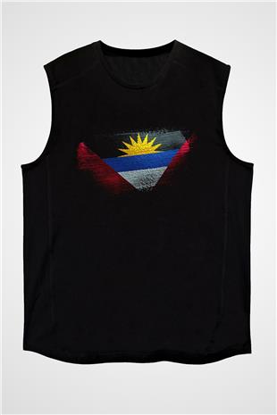 Antigua Barbuda Bayrağı Baskılı Unisex Siyah Kolsuz Tişört