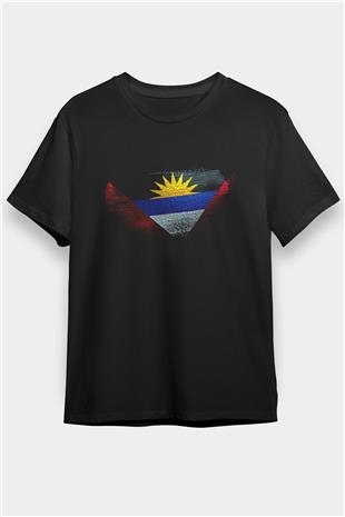 Antigua Barbuda Bayrağı Baskılı Unisex Siyah Tişört