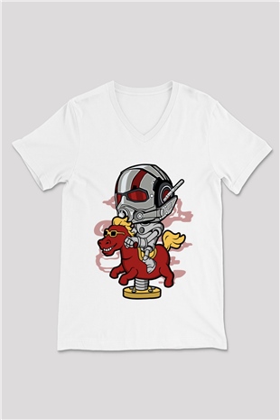 Antman Riding Horse Baskılı Unisex Beyaz V Yaka Tişört