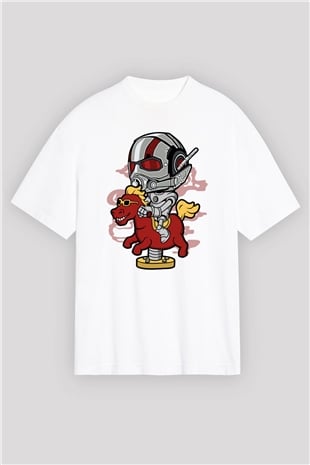 Antman Riding Horse Baskılı Unisex Beyaz Oversize Tişört