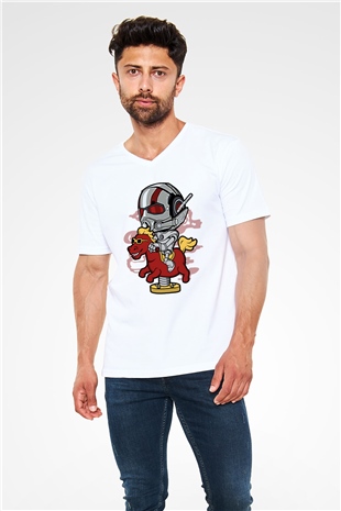 Antman Riding Horse Baskılı Unisex Beyaz V Yaka Tişört