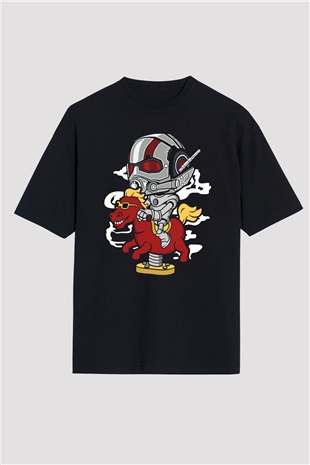 Antman Riding Horse Baskılı Unisex Siyah Oversize Tişört
