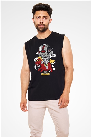 Antman Riding Horse Baskılı Unisex Siyah Kolsuz Tişört