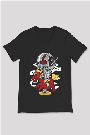 Antman Riding Horse Baskılı Unisex Siyah V Yaka Tişört