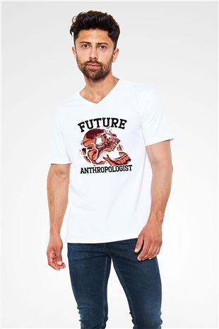 Antropolog Beyaz Unisex V Yaka Tişört