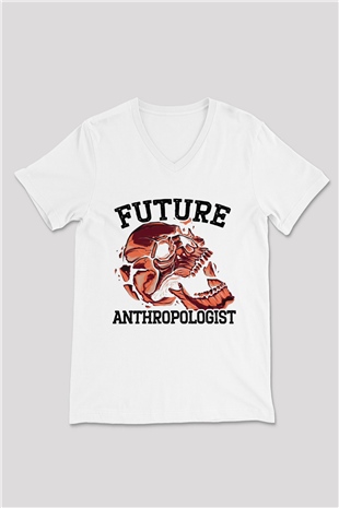 Antropolog Beyaz Unisex V Yaka Tişört