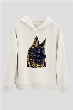 Anubis Baskılı Beyaz Unisex Hoodie